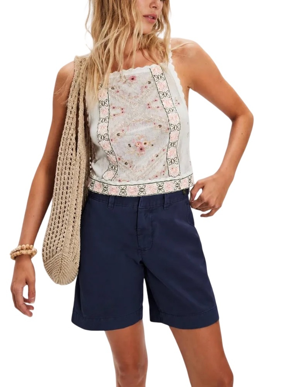 Free People Riverside Bermuda Cotton Shorts Navy Blue Size 6 New